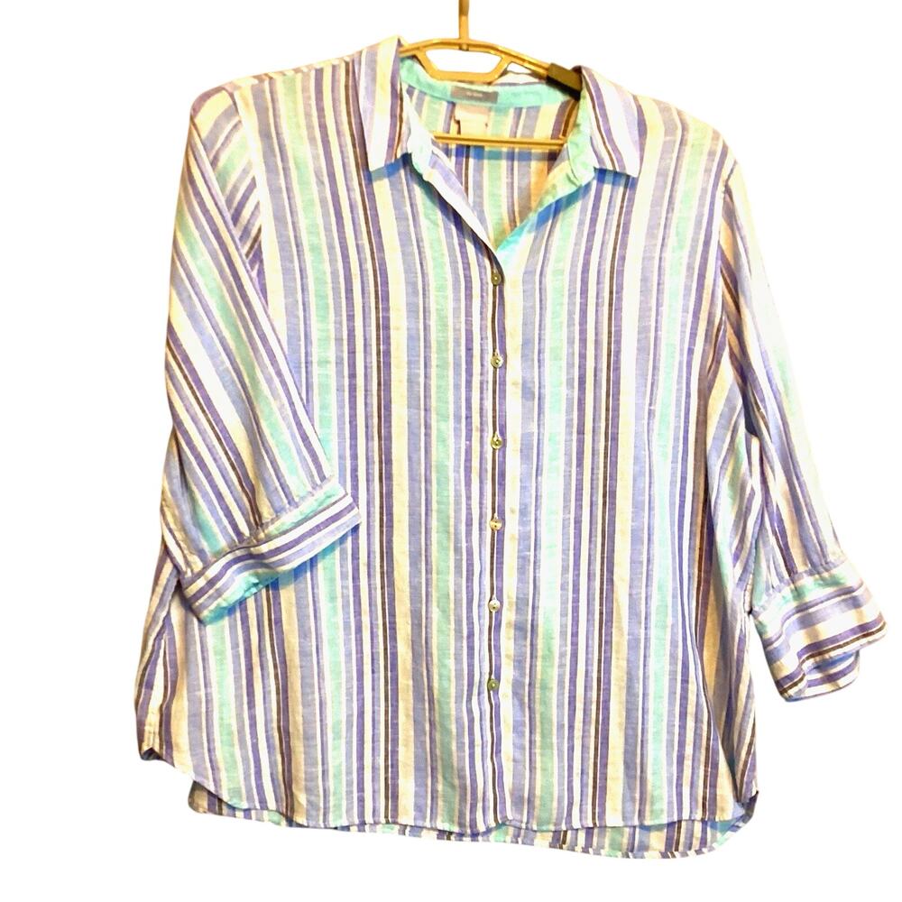 Chico's Shirt Women Size 4 Blue Stripe Button Front 3/4 Sleeve V Neck